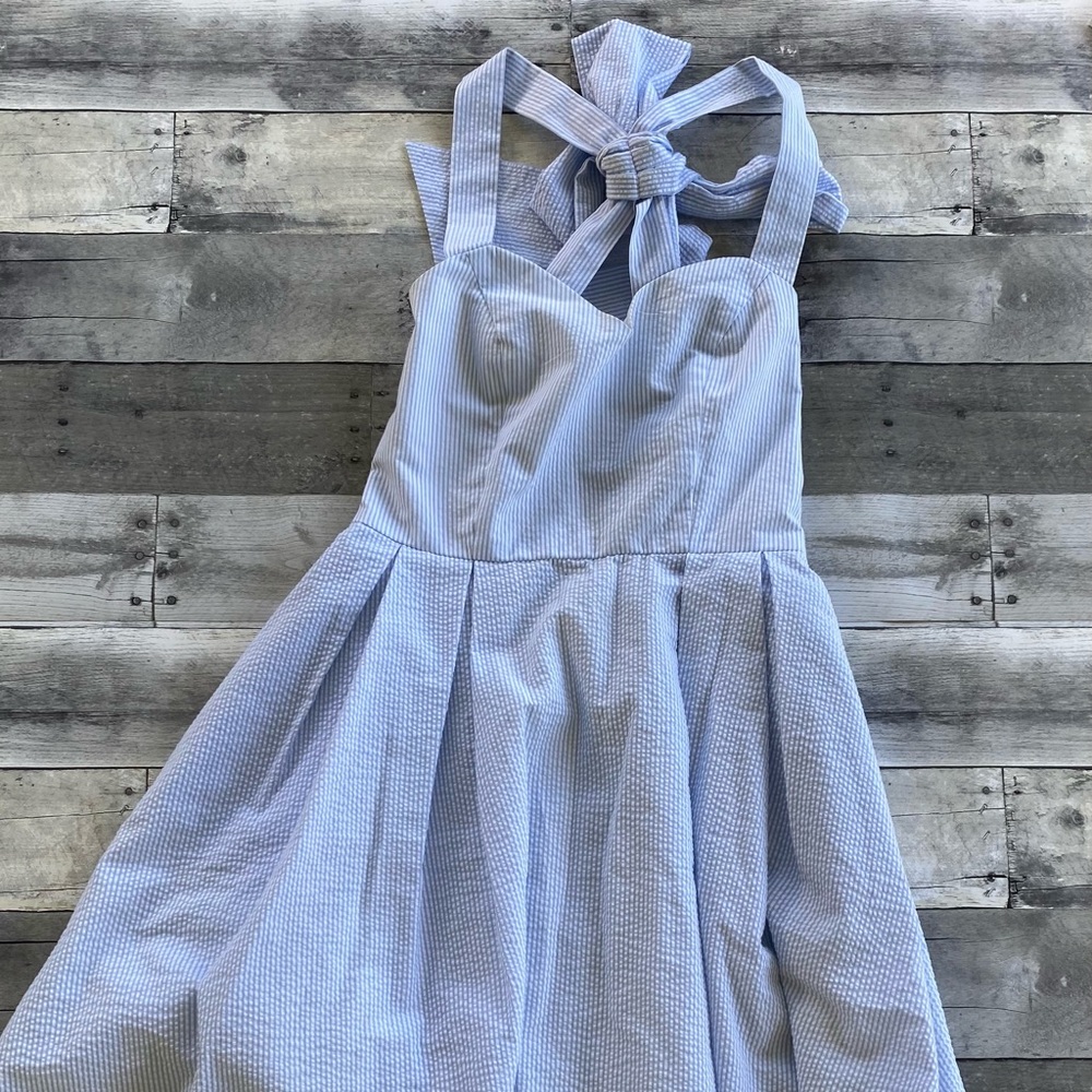 Lauren James Seersucker Blue Bow Dress